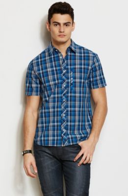Short Sleeve Blue Plaid Shirt