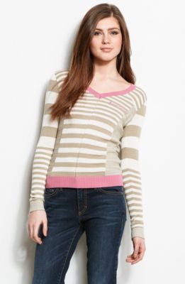 Button Back Striped V-Neck Sweater<br>Online Exclusive