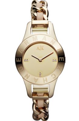 Gold Chain Link Leather Strap Bracelet Watch