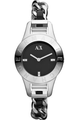 Chain Link Black Leather Strap Bracelet Watch