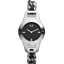 Chain Link Black Leather Strap Bracelet Watch
